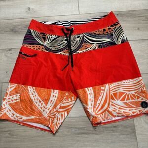 Volcom ModTech Swim Board Shorts Mens Size 36 Red Orange Colorblock